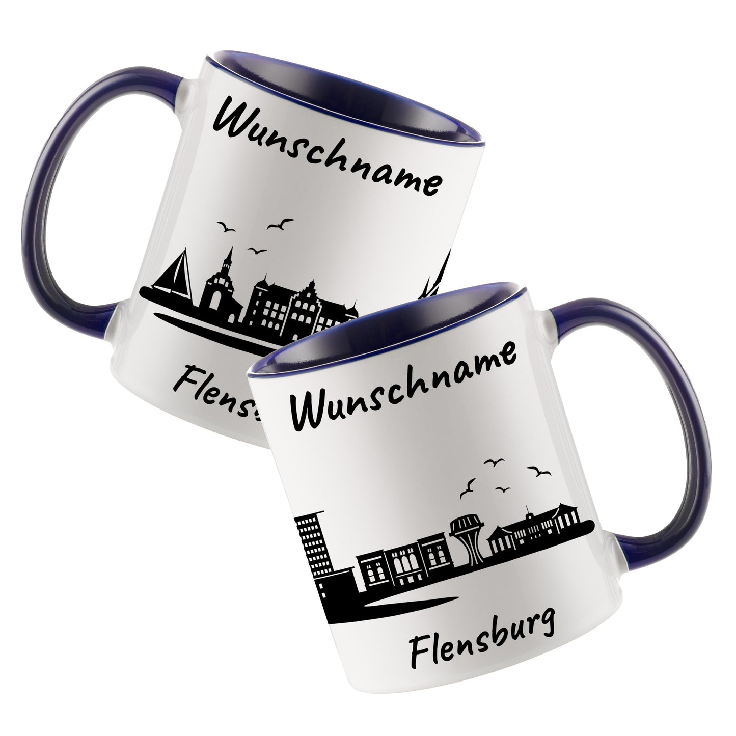 Tasse in Dunkelblau 330ml bedruckt mit der Skyline von Flensburg personalisierbar mit Wunschname