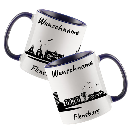 Tasse in Dunkelblau 330ml bedruckt mit der Skyline von Flensburg personalisierbar mit Wunschname