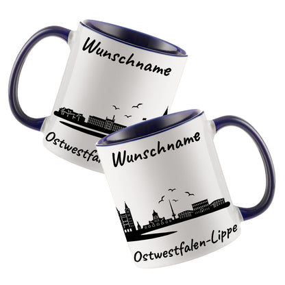 Tasse in Dunkelblau 330ml bedruckt mit der Skyline von Ostwestfalen-Lippe personalisierbar mit Wunschname