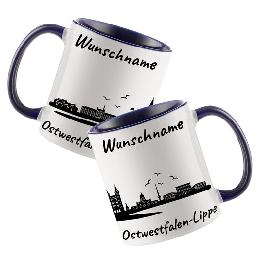 Tasse in Dunkelblau 330ml bedruckt mit der Skyline von Ostwestfalen-Lippe personalisierbar mit Wunschname