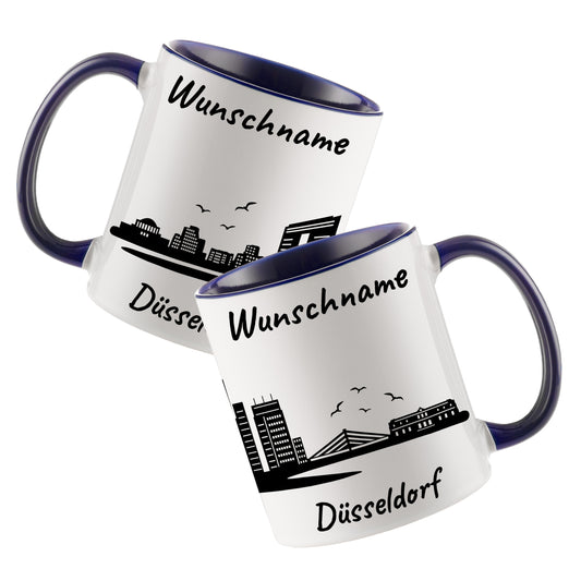 Tasse in Dunkelblau 330ml bedruckt mit der Skyline von Düsseldorf personalisierbar mit Wunschname