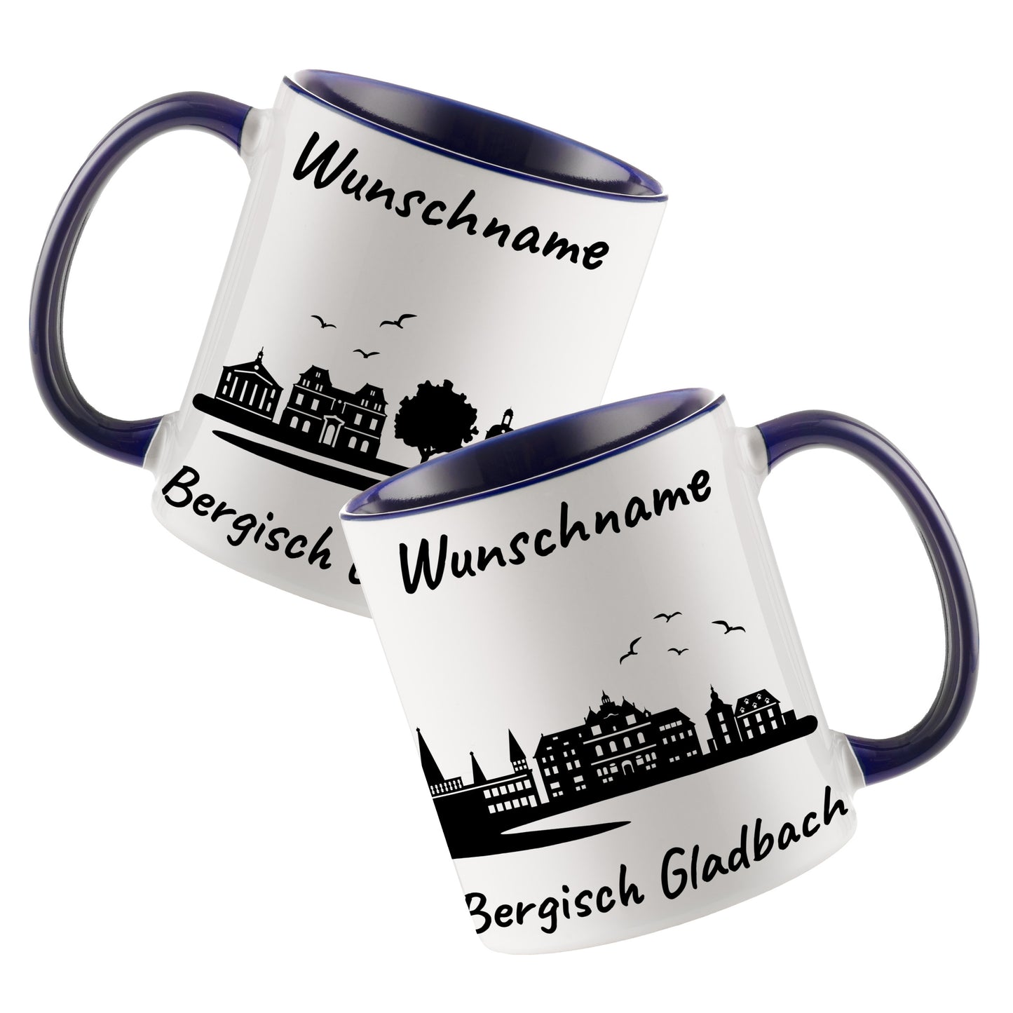 Tasse in Dunkelblau 330ml bedruckt mit der Skyline von Bergisch Gladbach personalisierbar mit Wunschname