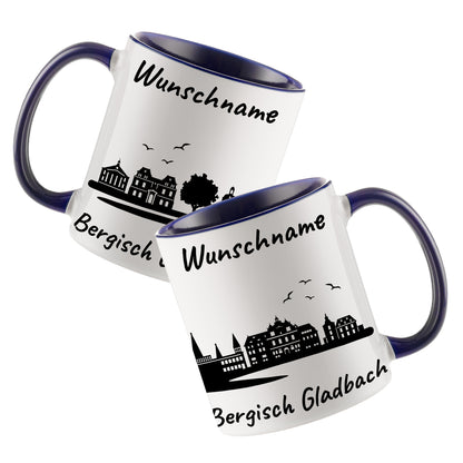 Tasse in Dunkelblau 330ml bedruckt mit der Skyline von Bergisch Gladbach personalisierbar mit Wunschname