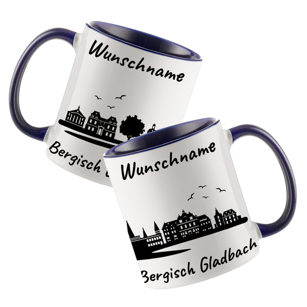 Tasse in Dunkelblau 330ml bedruckt mit der Skyline von Bergisch Gladbach personalisierbar mit Wunschname