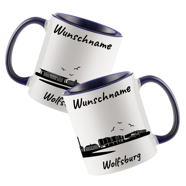 Tasse in Dunkelblau 330ml bedruckt mit der Skyline von Wolfsburg personalisierbar mit Wunschname