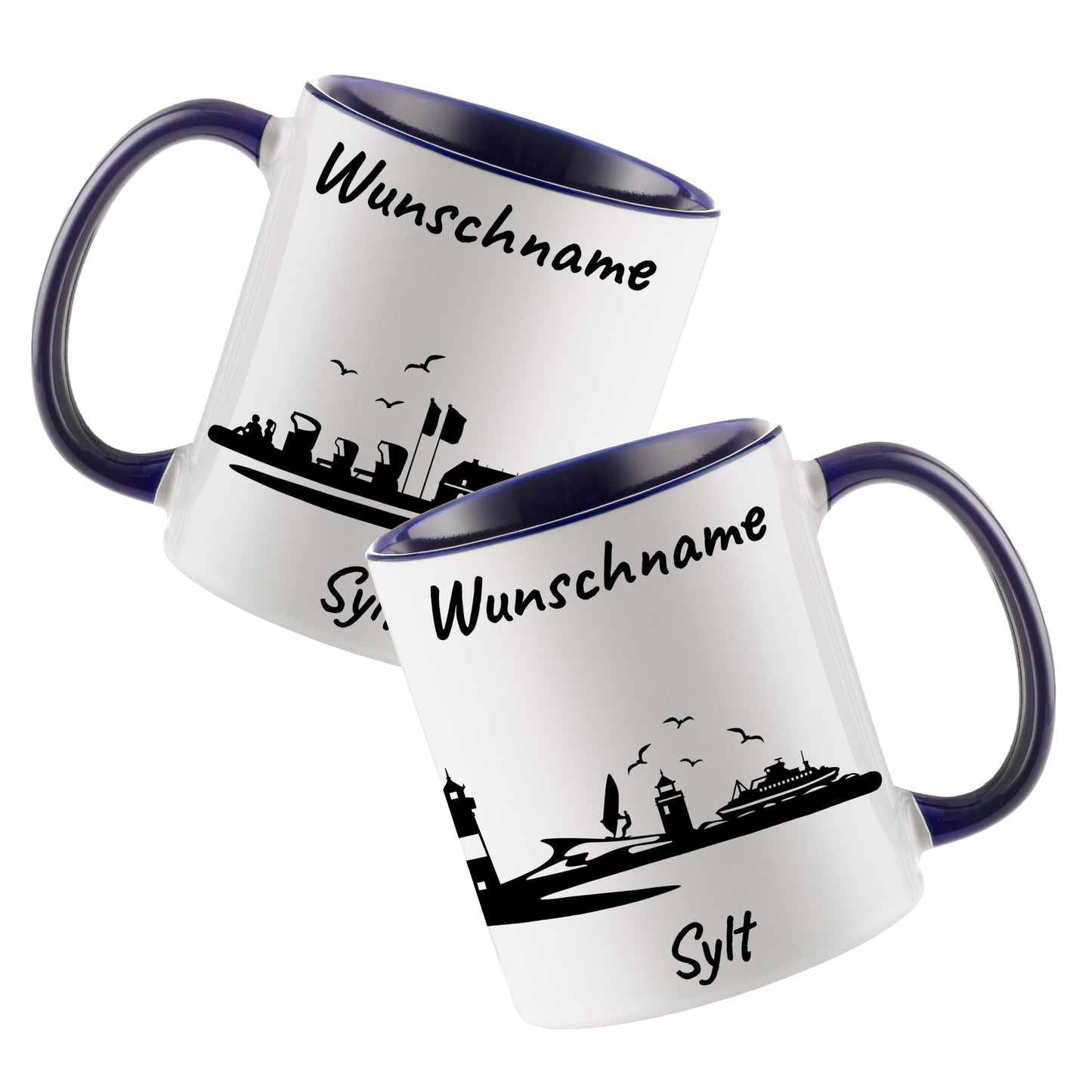 Tasse in Dunkelblau 330ml bedruckt mit der Skyline von Sylt personalisierbar mit Wunschname