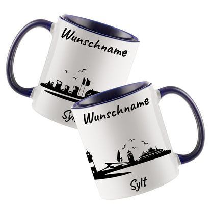 Tasse in Dunkelblau 330ml bedruckt mit der Skyline von Sylt personalisierbar mit Wunschname