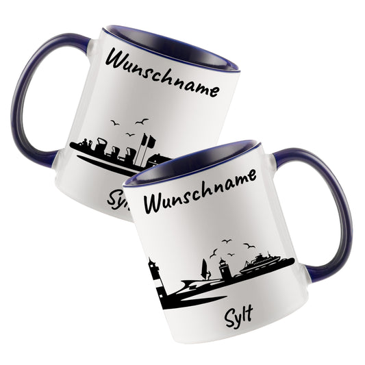 Tasse in Dunkelblau 330ml bedruckt mit der Skyline von Sylt personalisierbar mit Wunschname