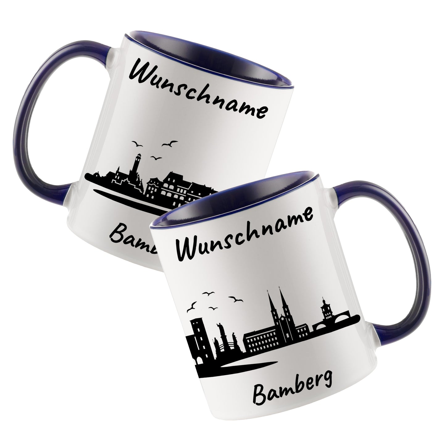 Tasse in Dunkelblau 330ml bedruckt mit der Skyline von Bamberg personalisierbar mit Wunschname