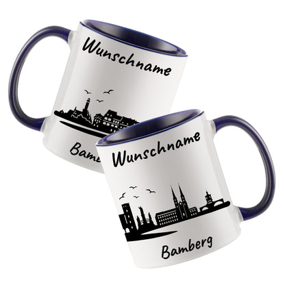 Tasse in Dunkelblau 330ml bedruckt mit der Skyline von Bamberg personalisierbar mit Wunschname