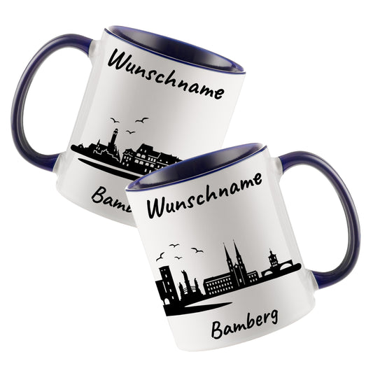 Tasse in Dunkelblau 330ml bedruckt mit der Skyline von Bamberg personalisierbar mit Wunschname