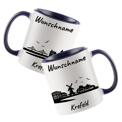 Tasse in Dunkelblau 330ml bedruckt mit der Skyline von Krefeld personalisierbar mit Wunschname