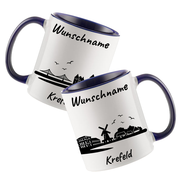 Tasse in Dunkelblau 330ml bedruckt mit der Skyline von Krefeld personalisierbar mit Wunschname