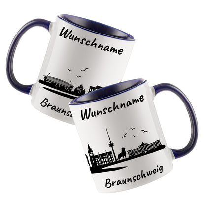 Tasse in Dunkelblau 330ml bedruckt mit der Skyline von Braunschweig personalisierbar mit Wunschname