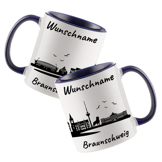 Tasse in Dunkelblau 330ml bedruckt mit der Skyline von Braunschweig personalisierbar mit Wunschname