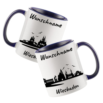 Tasse in Dunkelblau 330ml bedruckt mit der Skyline von Wiesbaden personalisierbar mit Wunschname