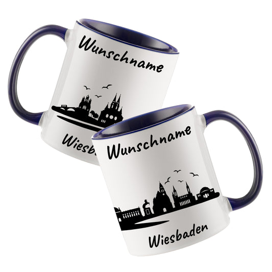 Tasse in Dunkelblau 330ml bedruckt mit der Skyline von Wiesbaden personalisierbar mit Wunschname