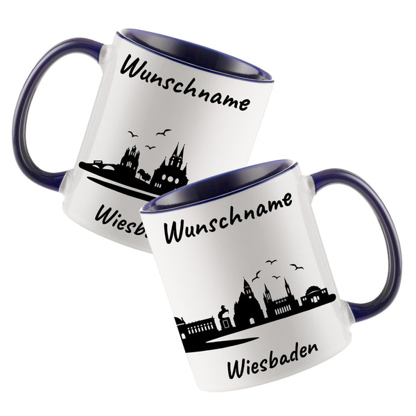 Tasse in Dunkelblau 330ml bedruckt mit der Skyline von Wiesbaden personalisierbar mit Wunschname