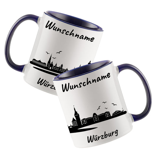 Tasse in Dunkelblau 330ml bedruckt mit der Skyline von Würzburg personalisierbar mit Wunschname