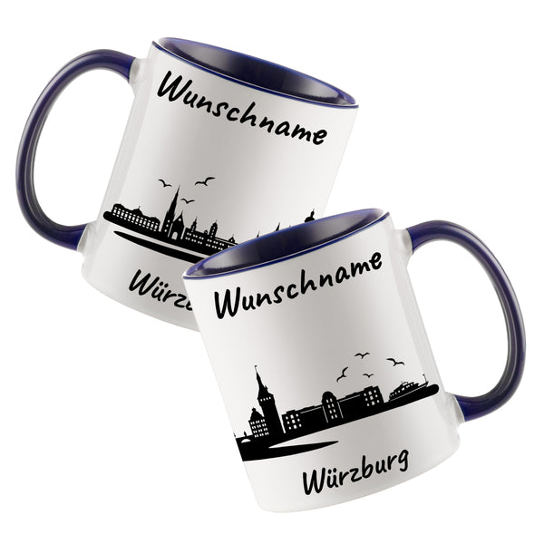 Tasse in Dunkelblau 330ml bedruckt mit der Skyline von Würzburg personalisierbar mit Wunschname