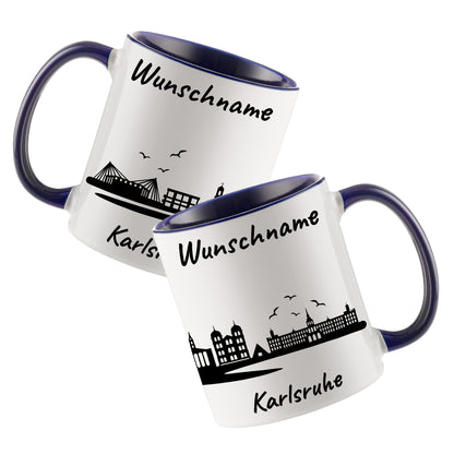 Tasse in Dunkelblau 330ml bedruckt mit der Skyline von Karlsruhe personalisierbar mit Wunschname