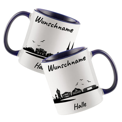 Tasse in Dunkelblau 330ml bedruckt mit der Skyline von Halle personalisierbar mit Wunschname