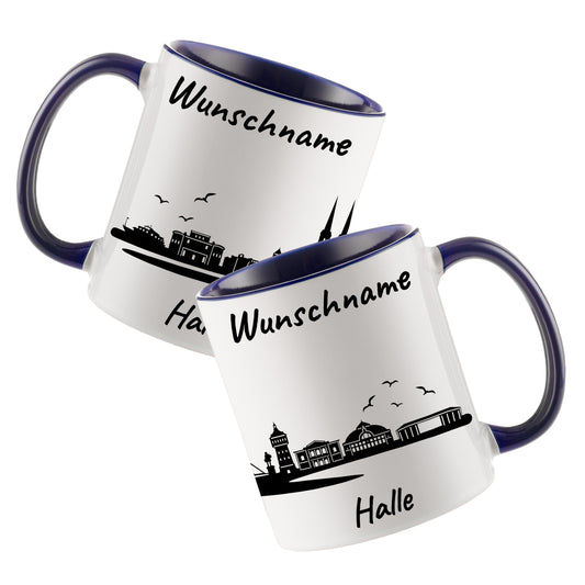 Tasse in Dunkelblau 330ml bedruckt mit der Skyline von Halle personalisierbar mit Wunschname