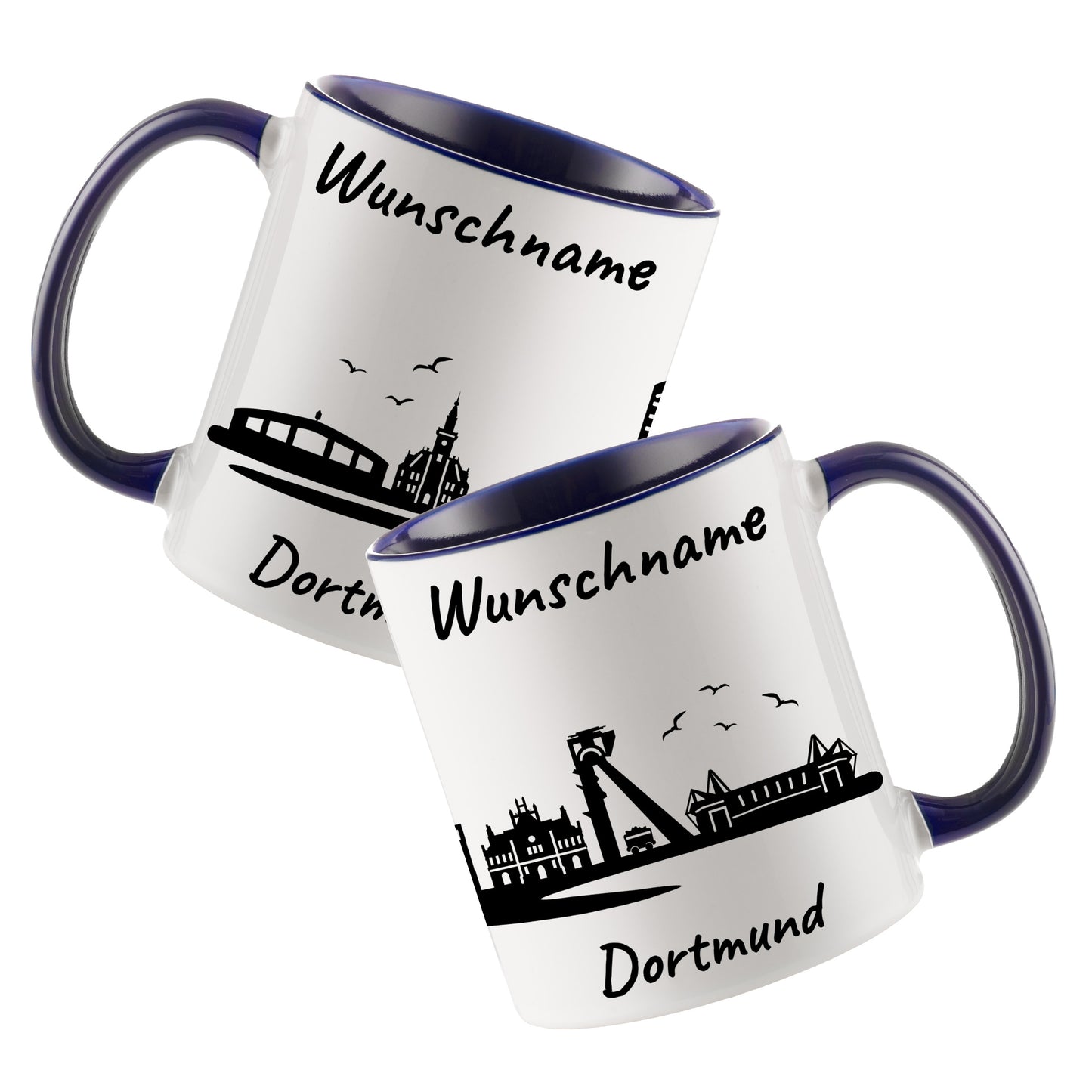 Tasse in Dunkelblau 330ml bedruckt mit der Skyline von Dortmund personalisierbar mit Wunschname