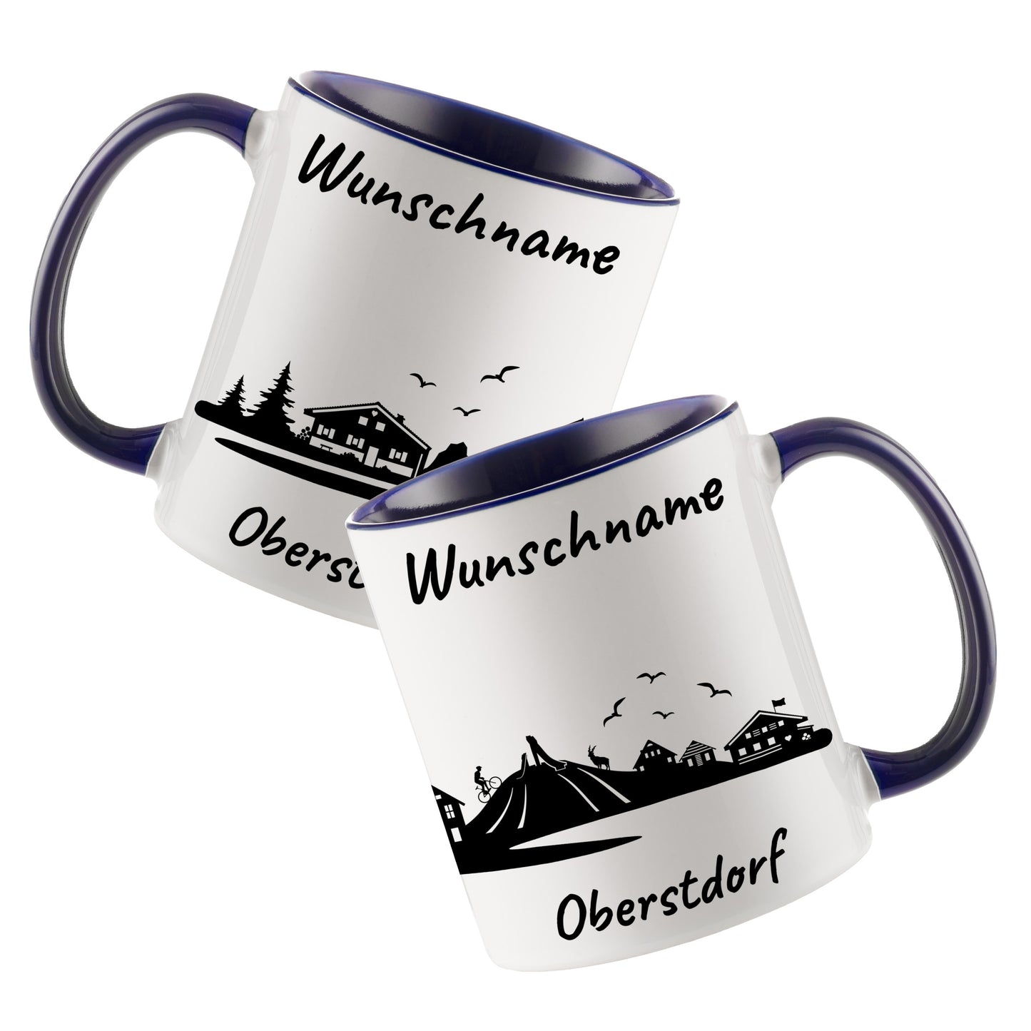 Tasse in Dunkelblau 330ml bedruckt mit der Skyline von Oberstdorf personalisierbar mit Wunschname