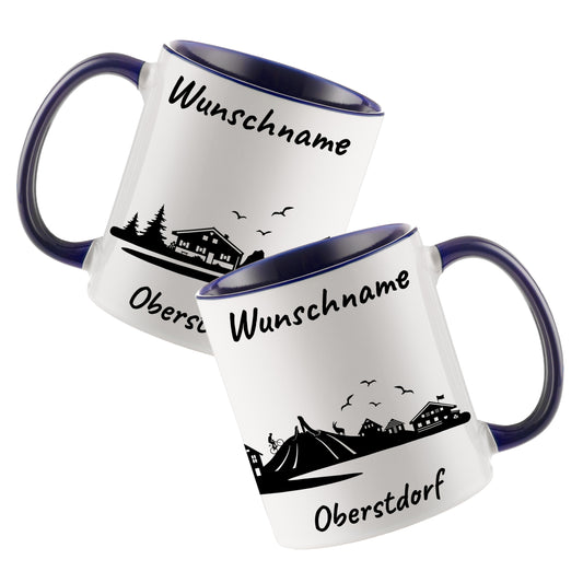 Tasse in Dunkelblau 330ml bedruckt mit der Skyline von Oberstdorf personalisierbar mit Wunschname