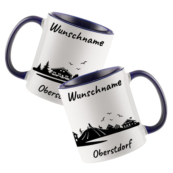 Tasse in Dunkelblau 330ml bedruckt mit der Skyline von Oberstdorf personalisierbar mit Wunschname
