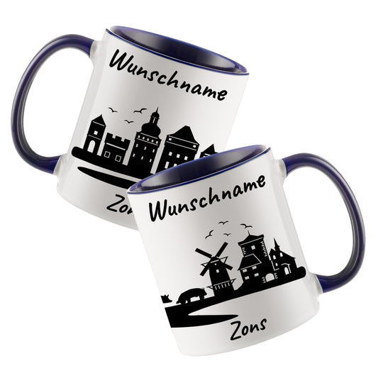 Tasse in Dunkelblau 330ml bedruckt mit der Skyline von Zons (Dormagen) personalisierbar mit Wunschname
