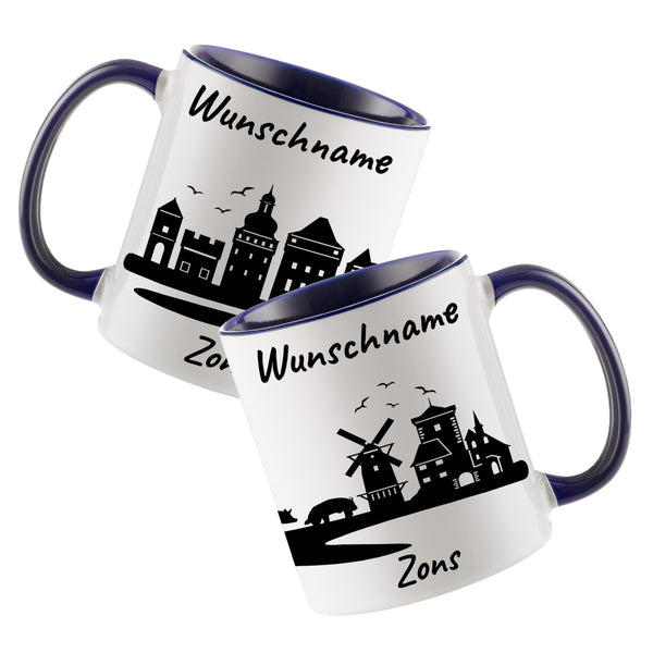 Tasse in Dunkelblau 330ml bedruckt mit der Skyline von Zons (Dormagen) personalisierbar mit Wunschname