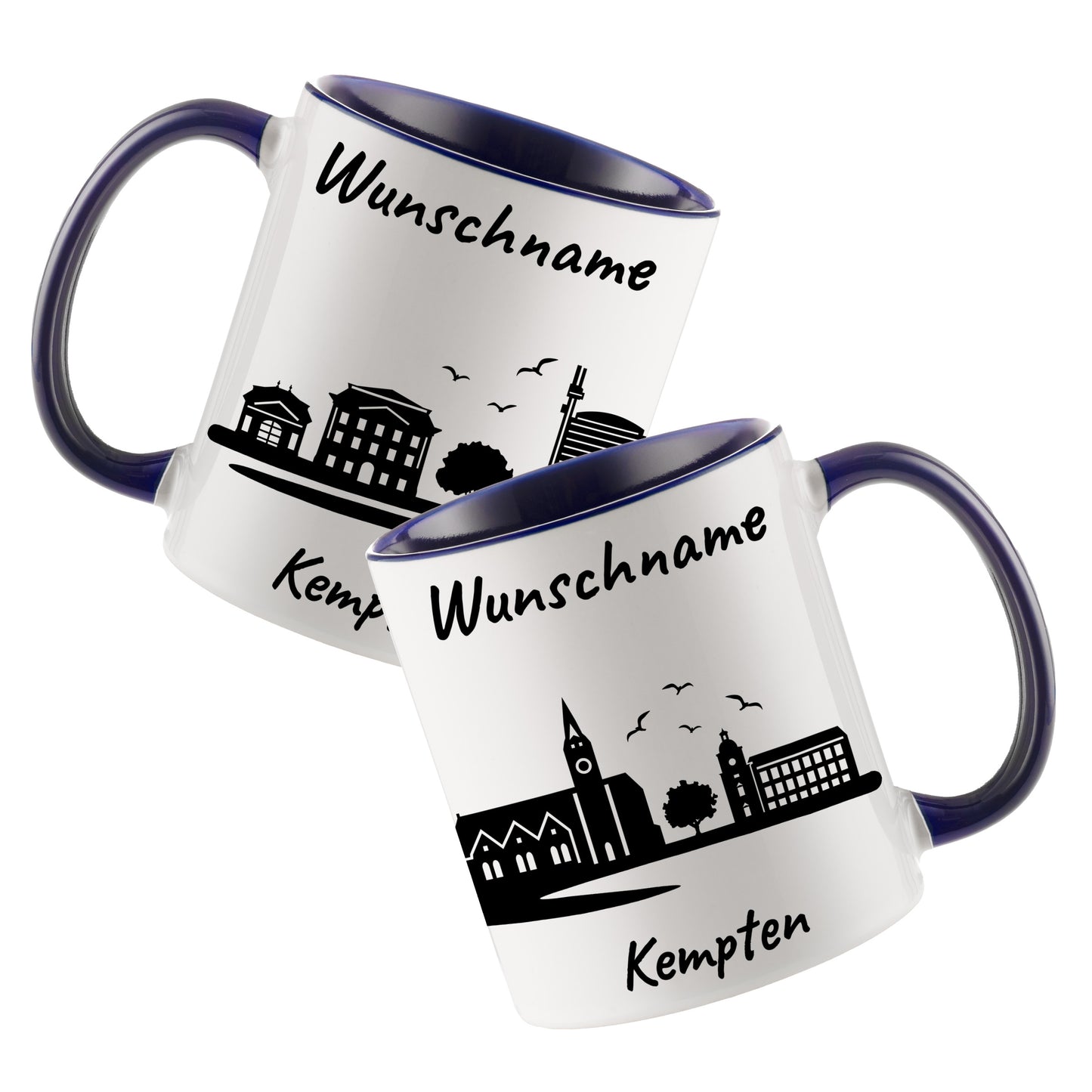 Tasse in Dunkelblau 330ml bedruckt mit der Skyline von Kempten personalisierbar mit Wunschname