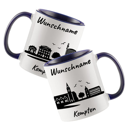 Tasse in Dunkelblau 330ml bedruckt mit der Skyline von Kempten personalisierbar mit Wunschname