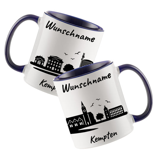 Tasse in Dunkelblau 330ml bedruckt mit der Skyline von Kempten personalisierbar mit Wunschname