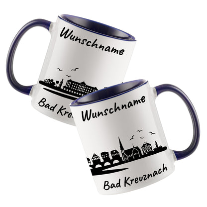 Tasse in Dunkelblau 330ml bedruckt mit der Skyline von Bad Kreuznach personalisierbar mit Wunschname
