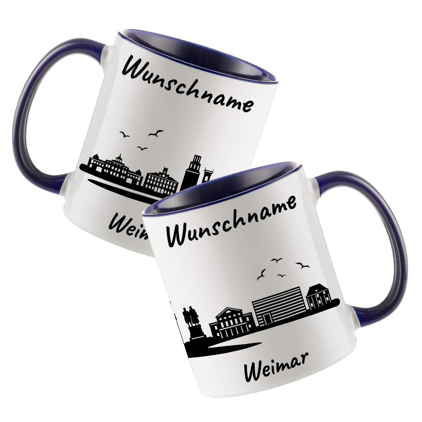 Tasse in Dunkelblau 330ml bedruckt mit der Skyline von Weimar personalisierbar mit Wunschname