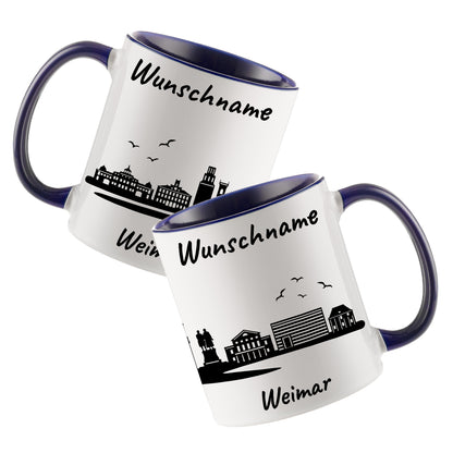 Tasse in Dunkelblau 330ml bedruckt mit der Skyline von Weimar personalisierbar mit Wunschname