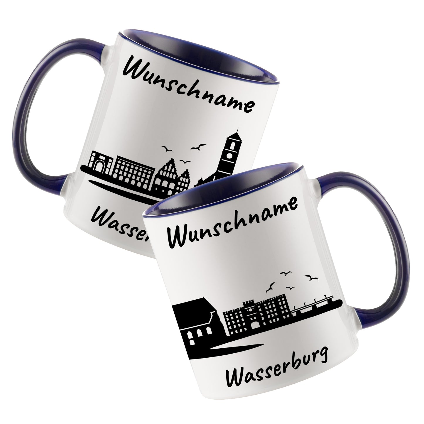 Tasse in Dunkelblau 330ml bedruckt mit der Skyline von Wasserburg personalisierbar mit Wunschname