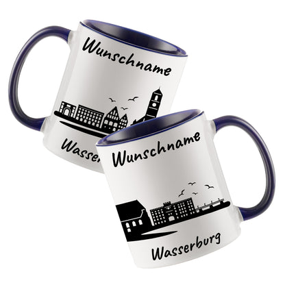 Tasse in Dunkelblau 330ml bedruckt mit der Skyline von Wasserburg personalisierbar mit Wunschname