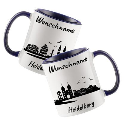 Tasse in Dunkelblau 330ml bedruckt mit der Skyline von Heidelberg personalisierbar mit Wunschname