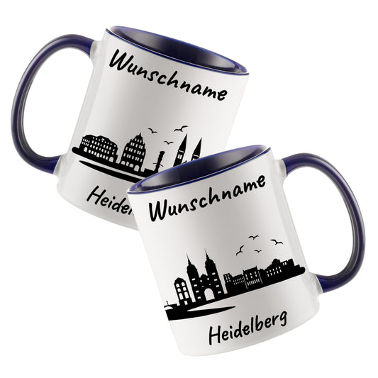 Tasse in Dunkelblau 330ml bedruckt mit der Skyline von Heidelberg personalisierbar mit Wunschname