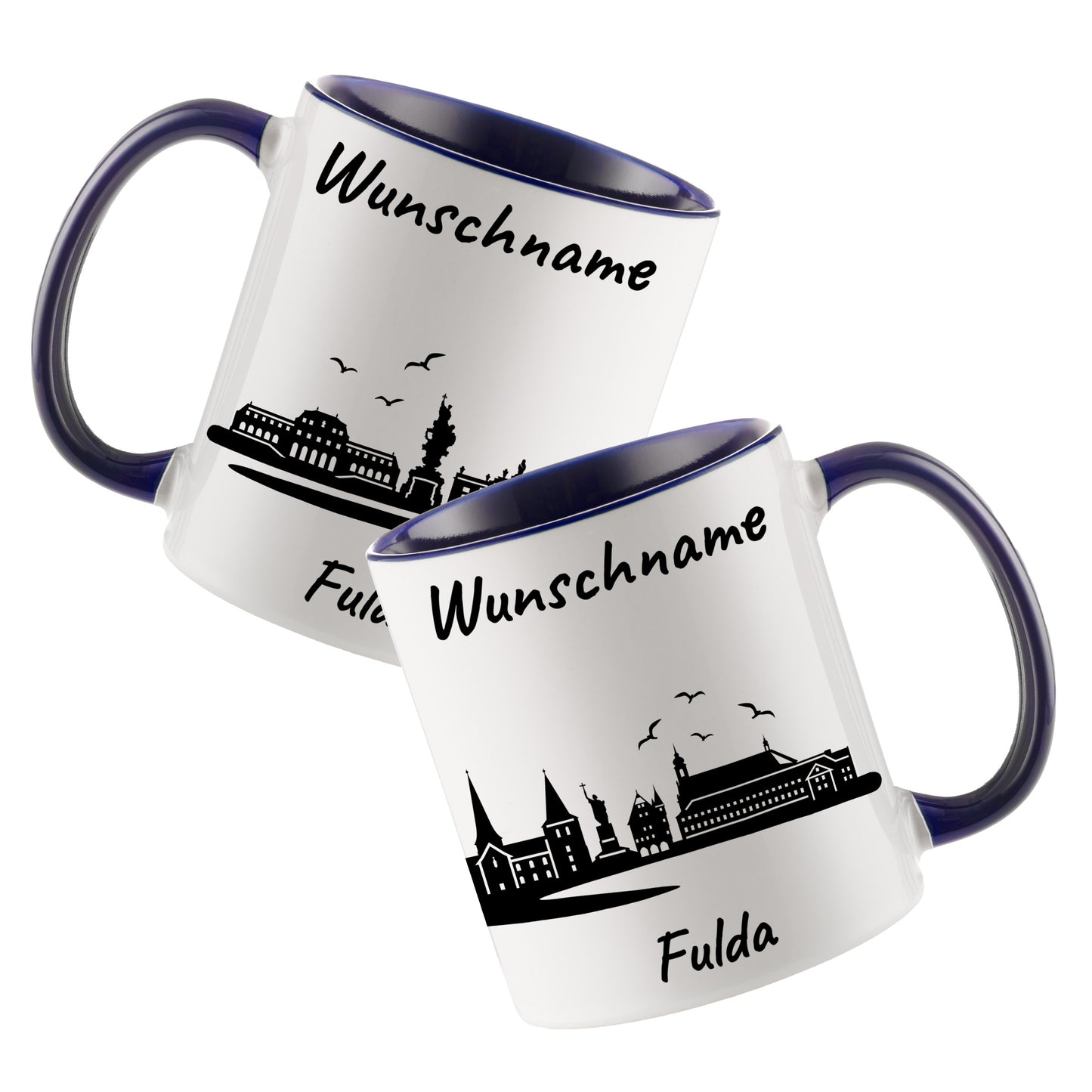 Tasse in Dunkelblau 330ml bedruckt mit der Skyline von Fulda personalisierbar mit Wunschname