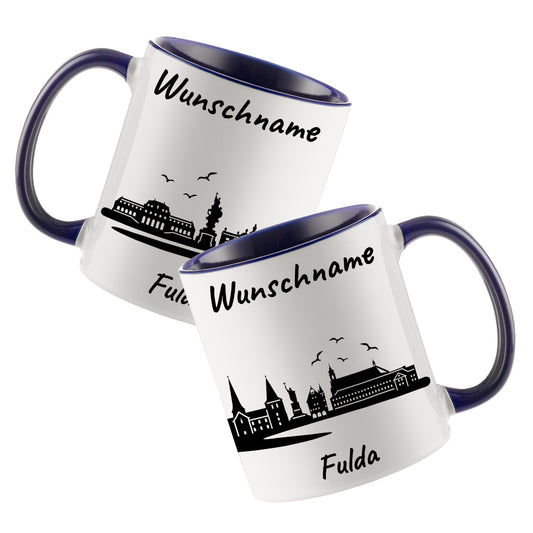 Tasse in Dunkelblau 330ml bedruckt mit der Skyline von Fulda personalisierbar mit Wunschname