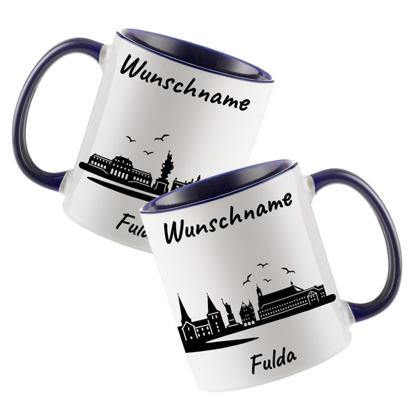 Tasse in Dunkelblau 330ml bedruckt mit der Skyline von Fulda personalisierbar mit Wunschname