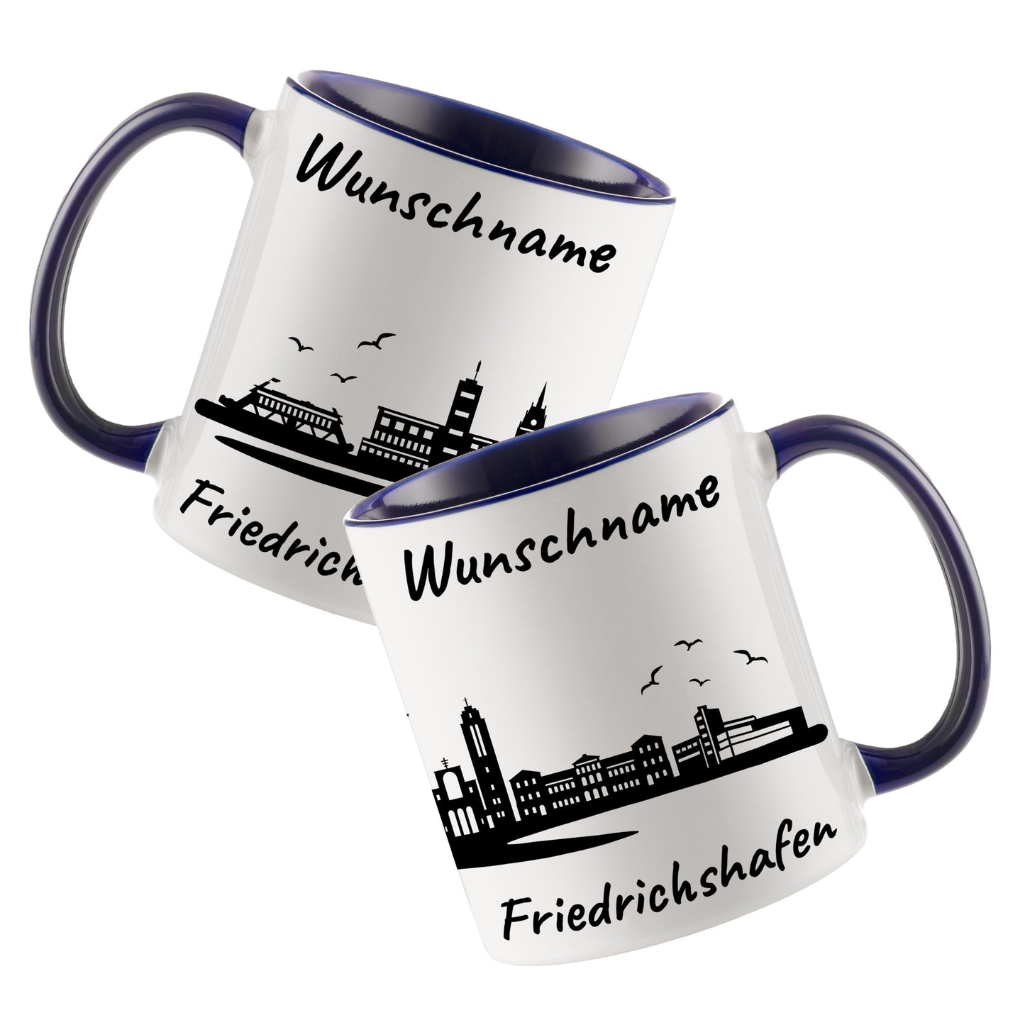 Tasse in Dunkelblau 330ml bedruckt mit der Skyline von Friedrichshafen personalisierbar mit Wunschname