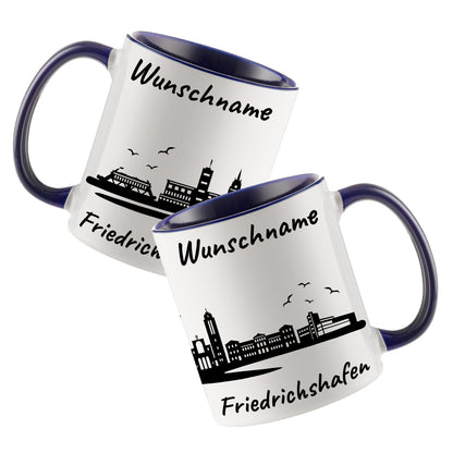 Tasse in Dunkelblau 330ml bedruckt mit der Skyline von Friedrichshafen personalisierbar mit Wunschname