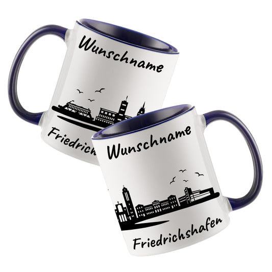Tasse in Dunkelblau 330ml bedruckt mit der Skyline von Friedrichshafen personalisierbar mit Wunschname
