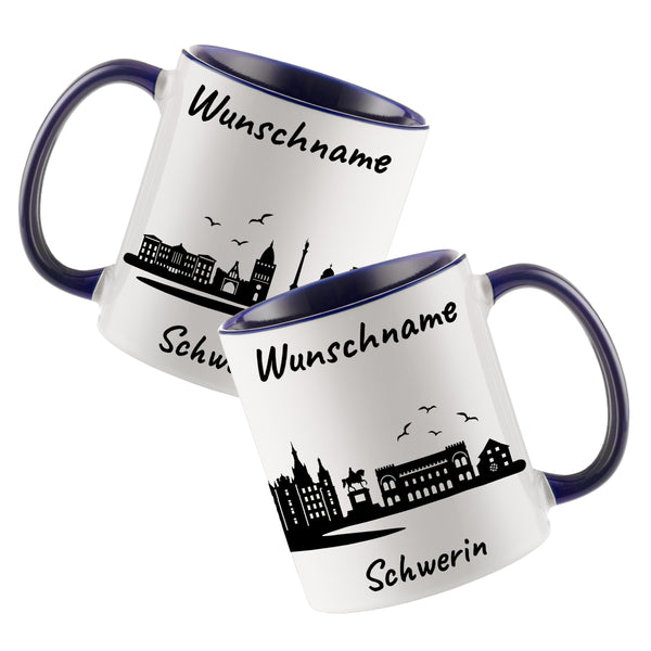 Tasse in Dunkelblau 330ml bedruckt mit der Skyline von Schwerin personalisierbar mit Wunschname